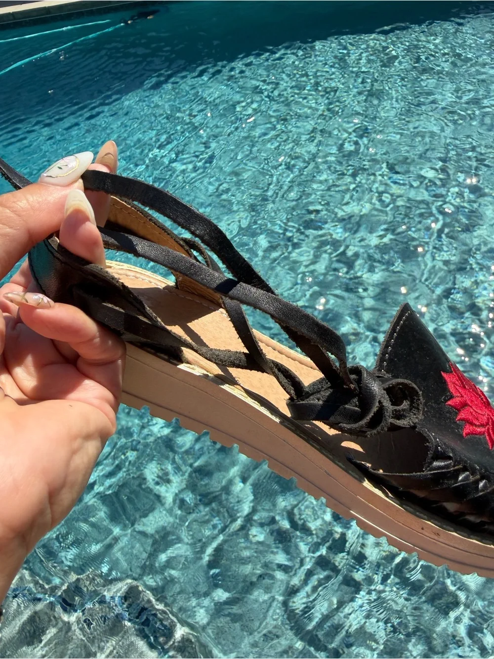 Women’s Black Leather Espadrille Sandals with Red Floral Embroidery